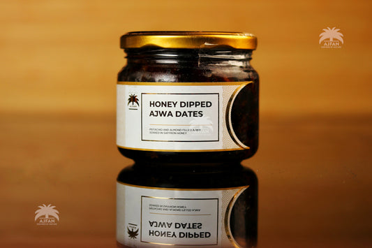 Almond and Pistachio Stuffed Ajwa Dates Dipped in Saffron Honey