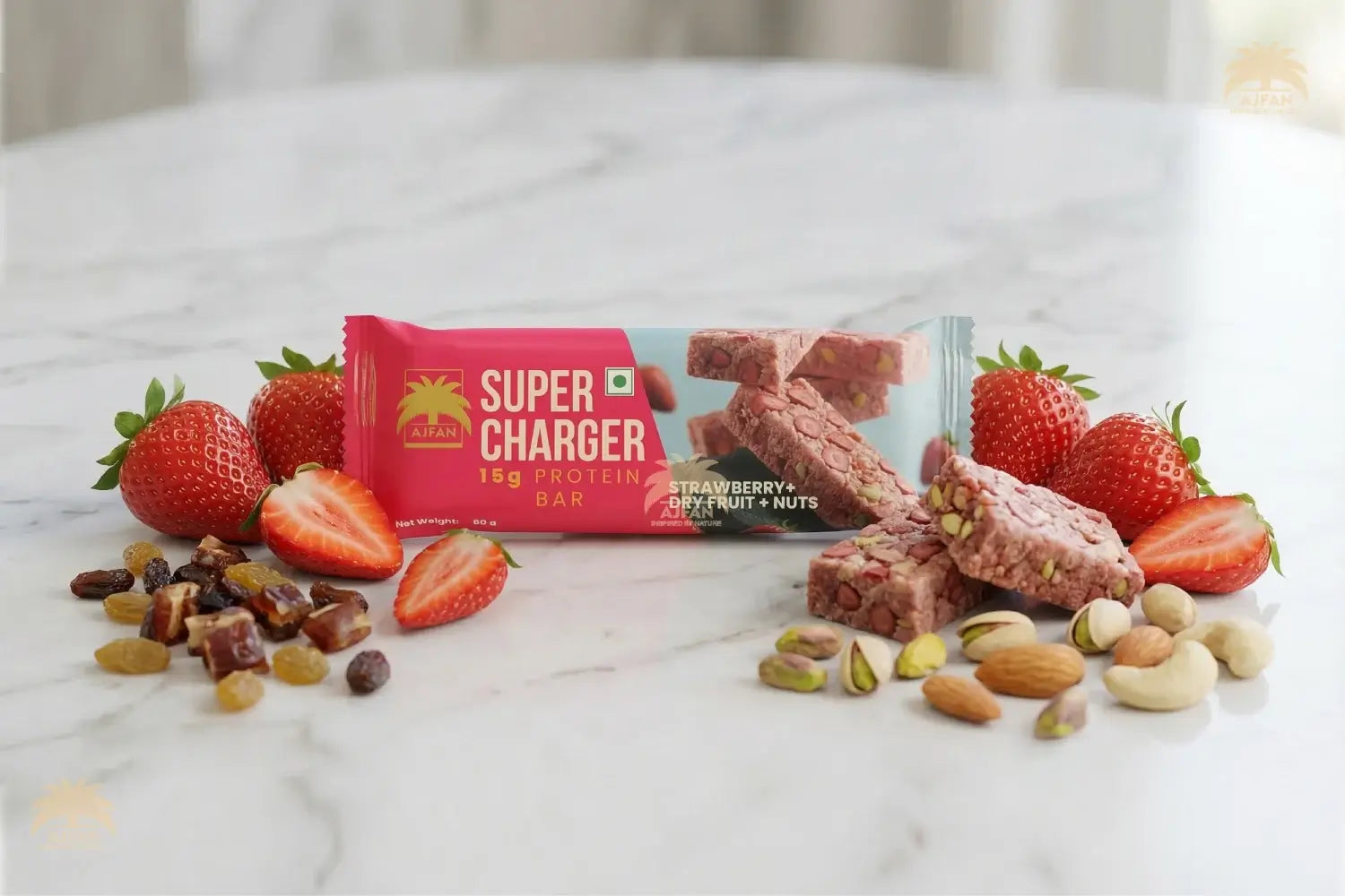 Ajfan Super Charger Protein Bar – 15g Protein | Strawberry, Dry Fruits & Nuts Energy Bar (60g)
